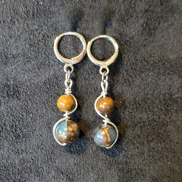 Handmade Jewelry - Tigers Eye And Blue Swirled Agate Beaded Earrings Silver Wire Wrap Accent Custom